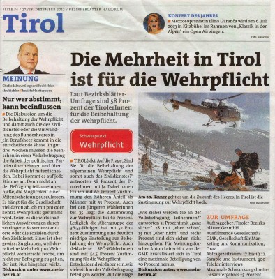 Mehrheit in Tirol für die Wehrpflicht; Quelle: Bezirksblätter 27./28.12.2012